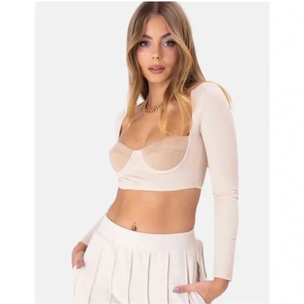 Adika Corset Bustier Crop Top Nude Tan Long Sleeve Cropped Small S neutral